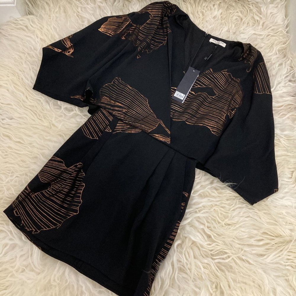 HALSTON HERITAGE Kimono-sleeve Faux-wrap Printed Dress In Black Antique - Picture 3 of 15